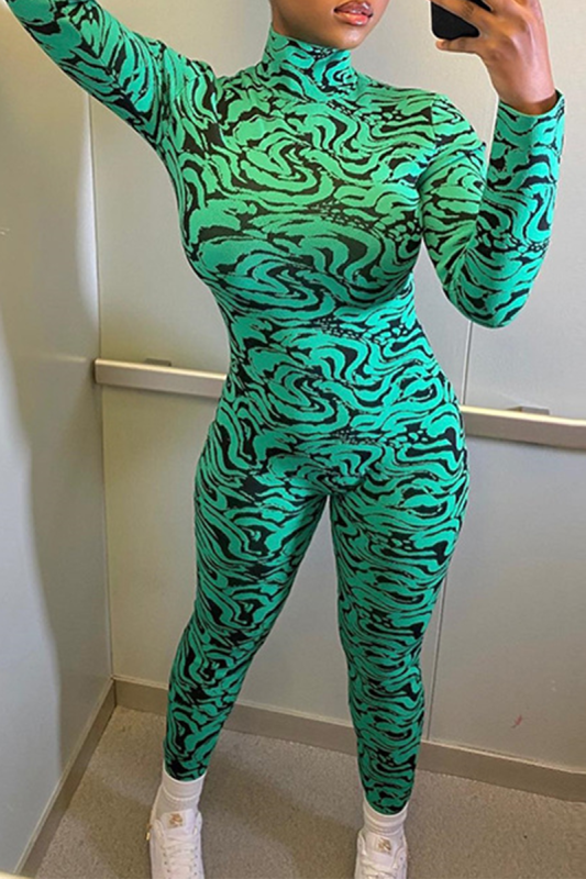 Sexy Print Patchwork Half A Turtleneck Skinny Jumpsuits