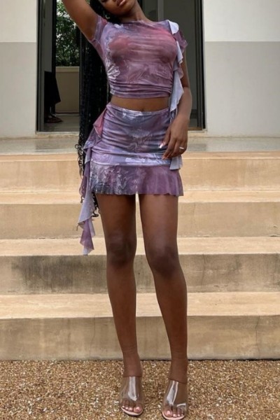Sexy Print Patchwork O Neck Short Sleeve Two Pieces