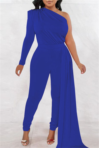 Casual Solid Patchwork Asymmetrical Oblique Collar Skinny Jumpsuits