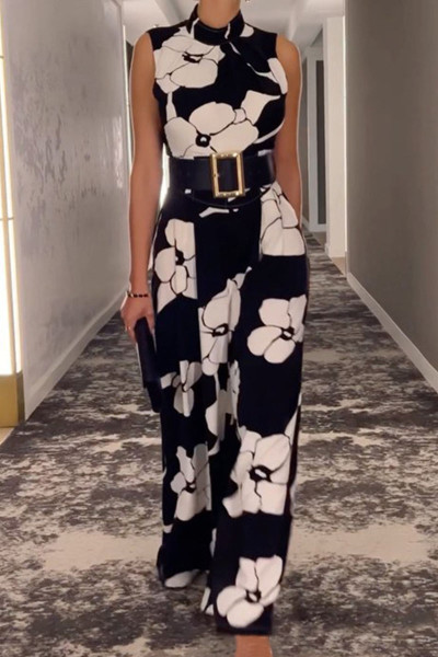 Casual Print Patchwork With Belt O Neck Jumpsuits
