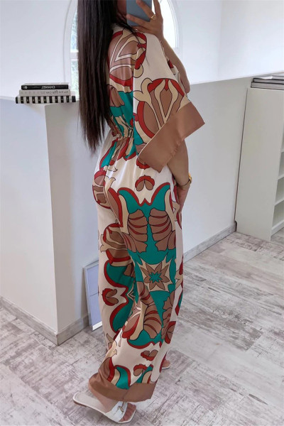 Casual Print Patchwork V Neck Regular Jumpsuits