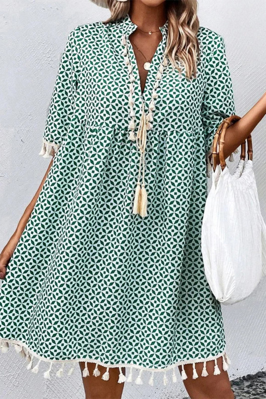 Bohemian Print Tassel V Neck Princess Dresses