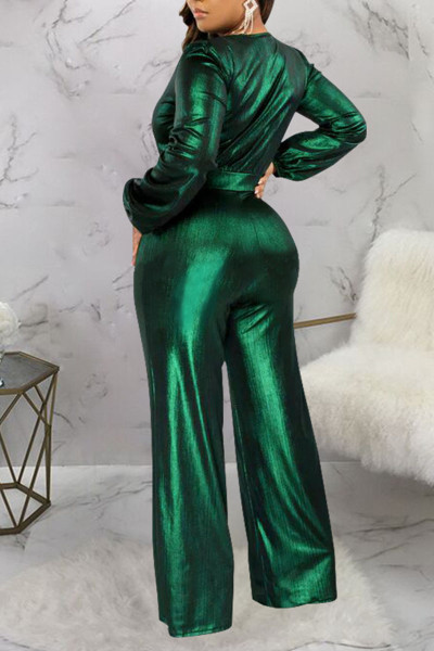 Casual Solid Patchwork V Neck Straight Jumpsuits