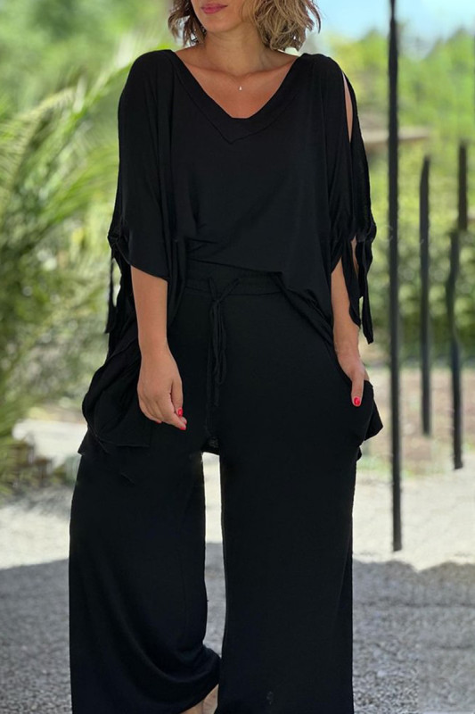 Casual Solid Frenulum V Neck Half Sleeve Two Pieces