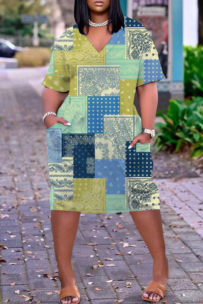 Casual Print Patchwork V Neck Short Sleeve Dress