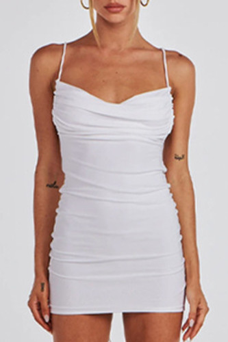 Sexy Solid Backless Fold Strap Design Spaghetti Strap Dresses