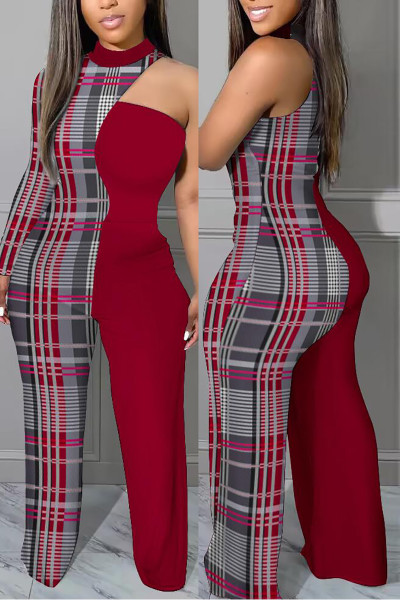 Sexy Plaid Print Patchwork Printing O Neck Regular Jumpsuits