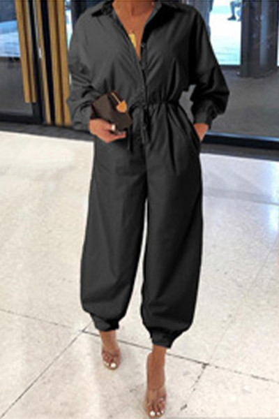 Casual College Solid With Belt Printing Turndown Collar Loose Jumpsuits