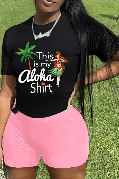 Street Print Patchwork O Neck Short Sleeve Two Pieces