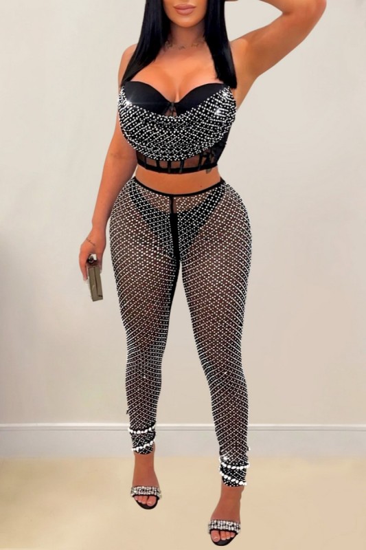 Sexy Patchwork Hot Drilling See-through Backless Spaghetti Strap Sleeveless Two Pieces