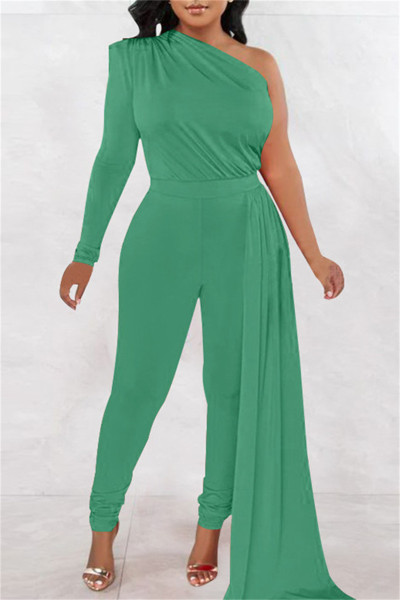 Casual Solid Patchwork Asymmetrical Oblique Collar Skinny Jumpsuits