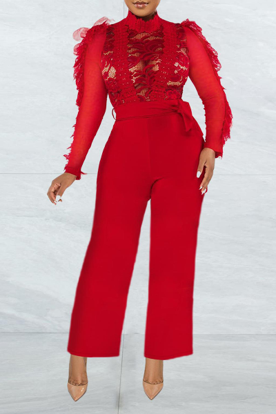 Sexy Solid Lace O Neck Regular Jumpsuits