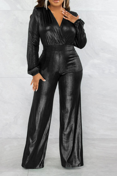 Street Solid Patchwork V Neck Boot Cut Jumpsuits