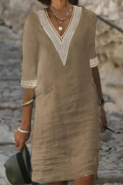 Casual Solid Patchwork V Neck A Line Dresses