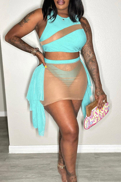 Sexy Casual Elegant Vacation Patchwork See-through Asymmetrical Sleeveless Two Pieces