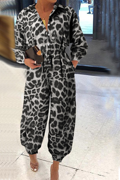 Casual College Solid With Belt Printing Turndown Collar Loose Jumpsuits