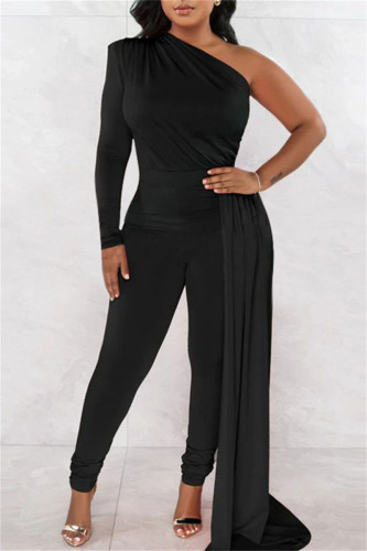 Casual Solid Patchwork Asymmetrical Oblique Collar Skinny Jumpsuits