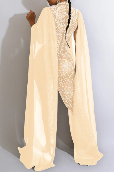 Sexy Patchwork Hot Drilling See-through Half A Turtleneck Skinny Jumpsuits