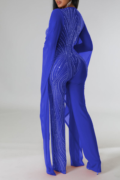 Sexy Solid Patchwork See-through Hot Drill V Neck Straight Jumpsuits