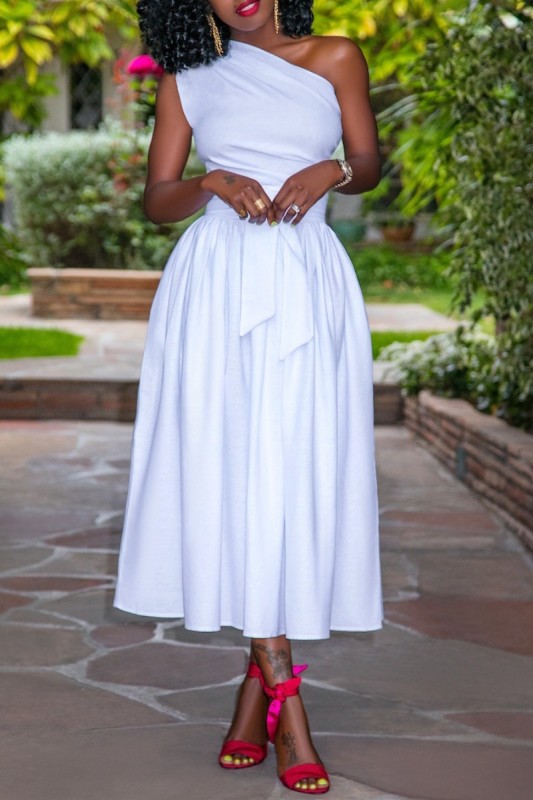 Casual Solid Backless Oblique Collar Sleeveless Dress Dresses
