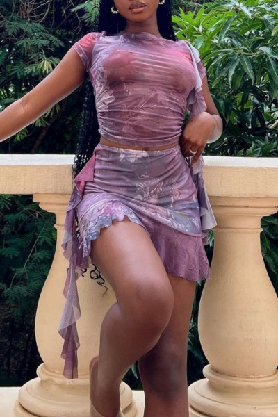 Sexy Print Patchwork O Neck Short Sleeve Two Pieces