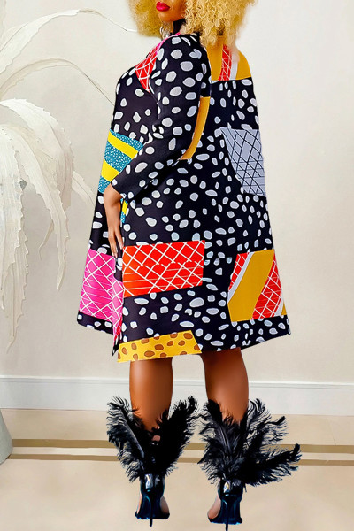 Casual Print Patchwork Mandarin Collar Long Sleeve Dresses