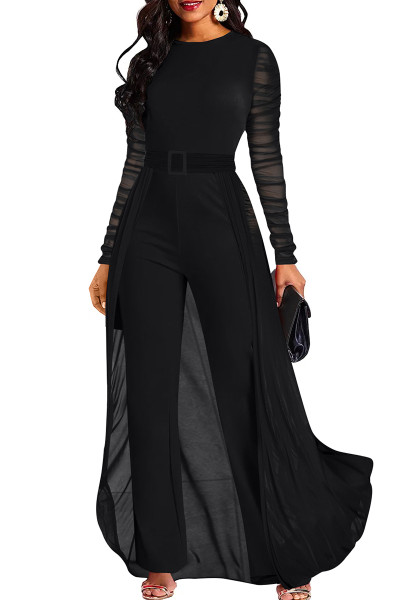 Casual Solid Patchwork O Neck Regular Jumpsuits