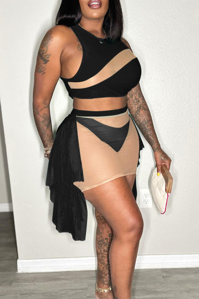 Sexy Casual Elegant Vacation Patchwork See-through Asymmetrical Sleeveless Two Pieces