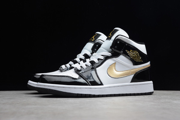 Jordan 1 Mid Patent Black White Gold 852542-007