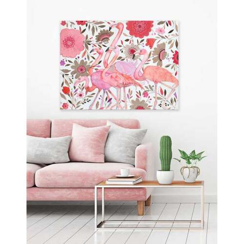 Flamingo Flock In Flowers Canvas Wall Art