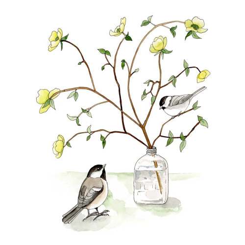 Watercolor Chicks On Dogwood Canvas Wall Art