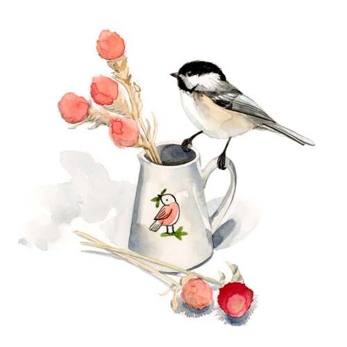Watercolor Chickadee On Vase Canvas Wall Art