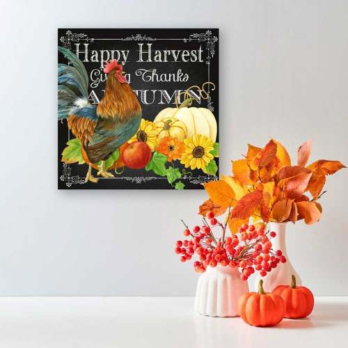 Fall - Harvest Greetings - Rooster Canvas Wall Art