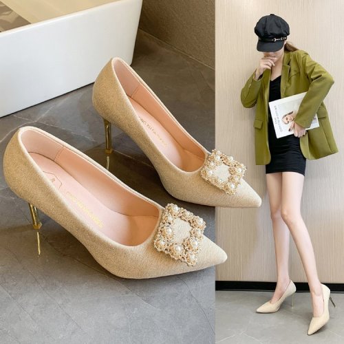 Apricot Square Buckle All-Match High Heels