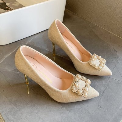 Apricot Square Buckle All-Match High Heels