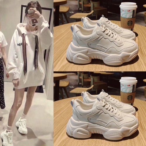 Batch low price walking sneakers women beige 2020 spring summer new thick soled lace up daddy shoes women casual white shoes women