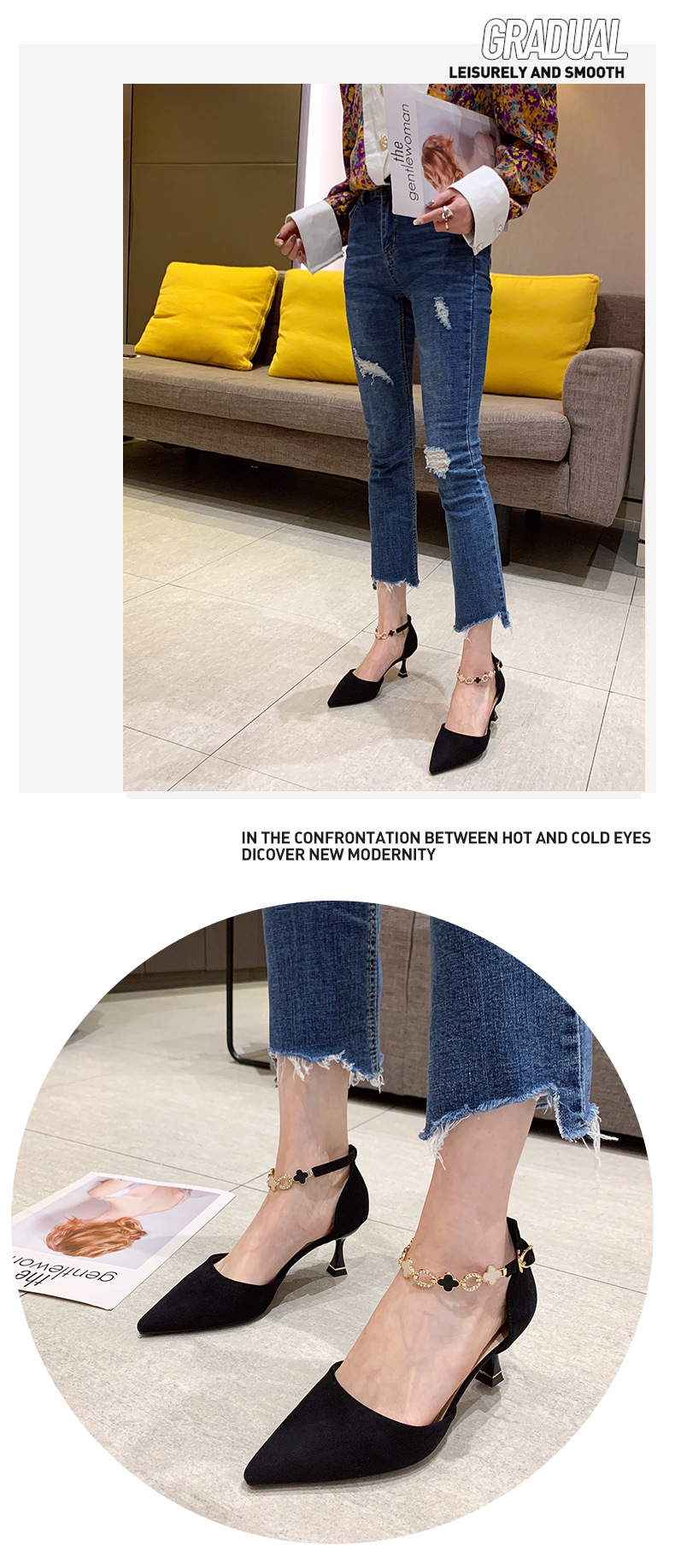 Versatile hollow one-line buckle strap pointed toe French stiletto high heels