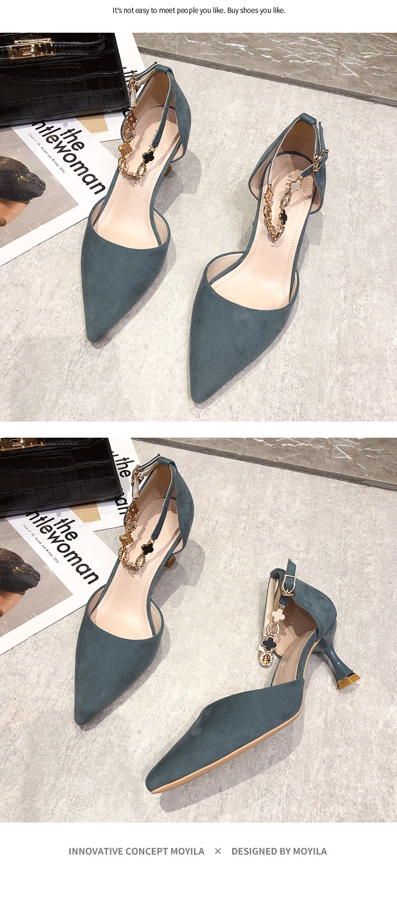 Versatile hollow one-line buckle strap pointed toe French stiletto high heels