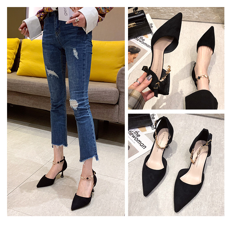 Versatile hollow one-line buckle strap pointed toe French stiletto high heels