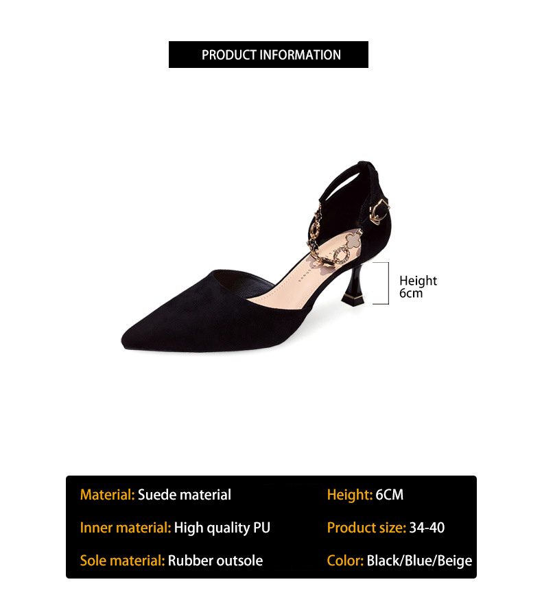 Versatile hollow one-line buckle strap pointed toe French stiletto high heels