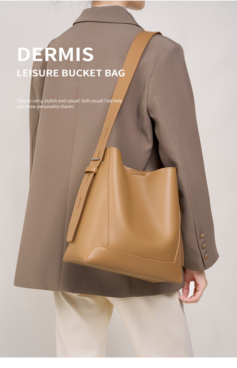 Genuine leather shoulder large capacity commuter bucket bag