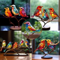 Stained Glass Birds on Branch Desktop Ornaments