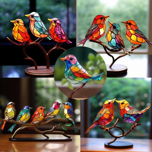 Stained Glass Birds on Branch Desktop Ornaments – Colorful Handcrafted Glass Birds for Home Décor