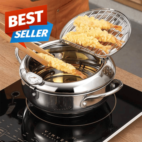 Japanese Style Deep Frying Pot – Temperature Control & Oil Drip Drainer Rack for Perfectly Fried Food