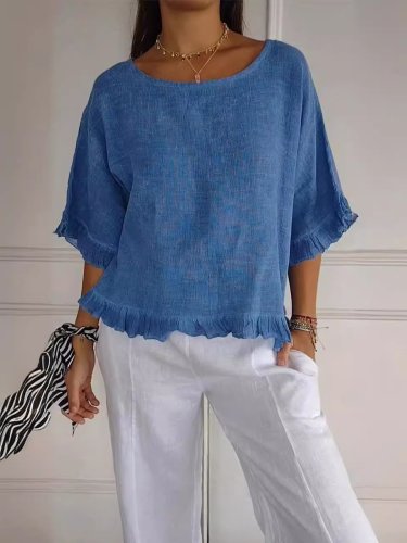 Round Neck Ruffled Hem Mid-Sleeve Top – Stylish Cotton and Linen Blend