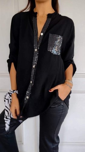 Cotton V-Neck Sequin Mid-Sleeve Casual Top - Stylish & Comfortable