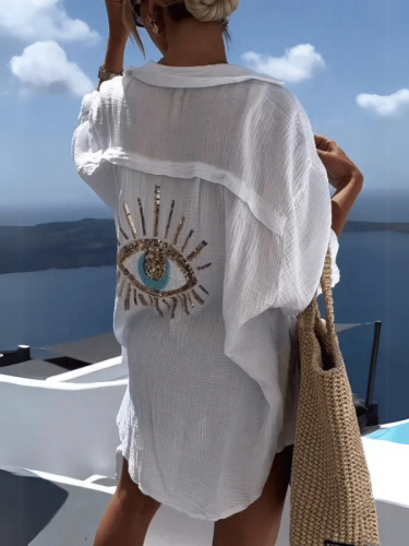 Trendy Evil Eye Casual Sequin Beaded Shirt for a Unique Look
