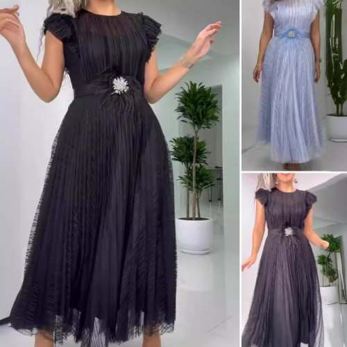 💃Elegant Pleated Dress with Puff Sleeves and Waist Belt for Timeless Style🌈