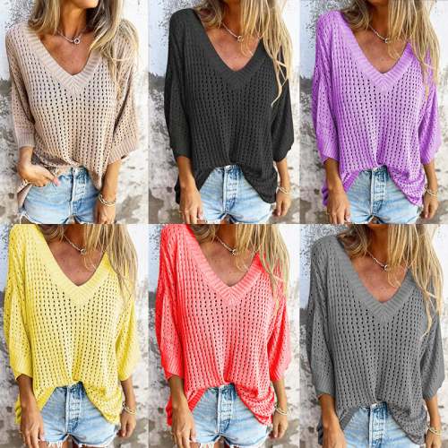 Chic V-Neck Hollow Knitted Top for Effortless Style