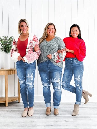 Stylish Tummy Control Distressed Cuffed Boyfriend Jeans for a Flattering Fit